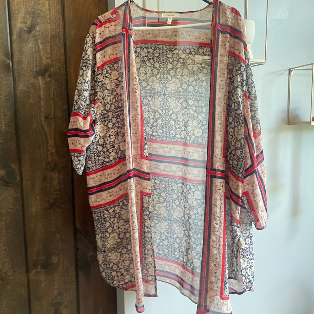 Maurices Sheer Kimono with Red and Blue Accents